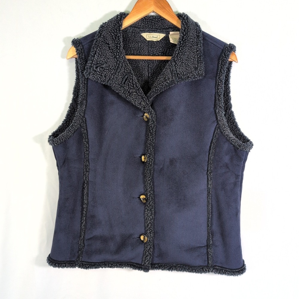 L.L.Bean Women's Faux Suede Sherpa Lined Button Vest Blue M Regular